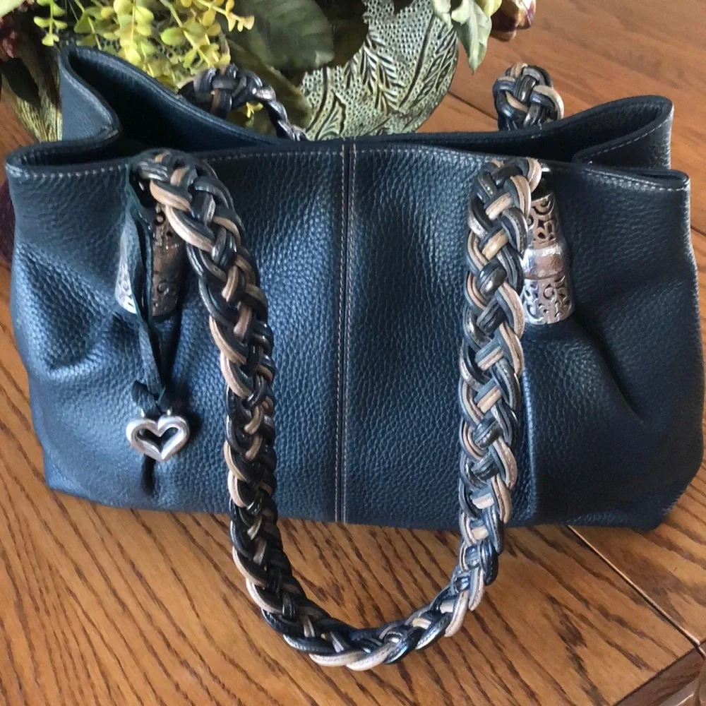 Brighton Black Shoulder Bag with Tan Braided Handles
